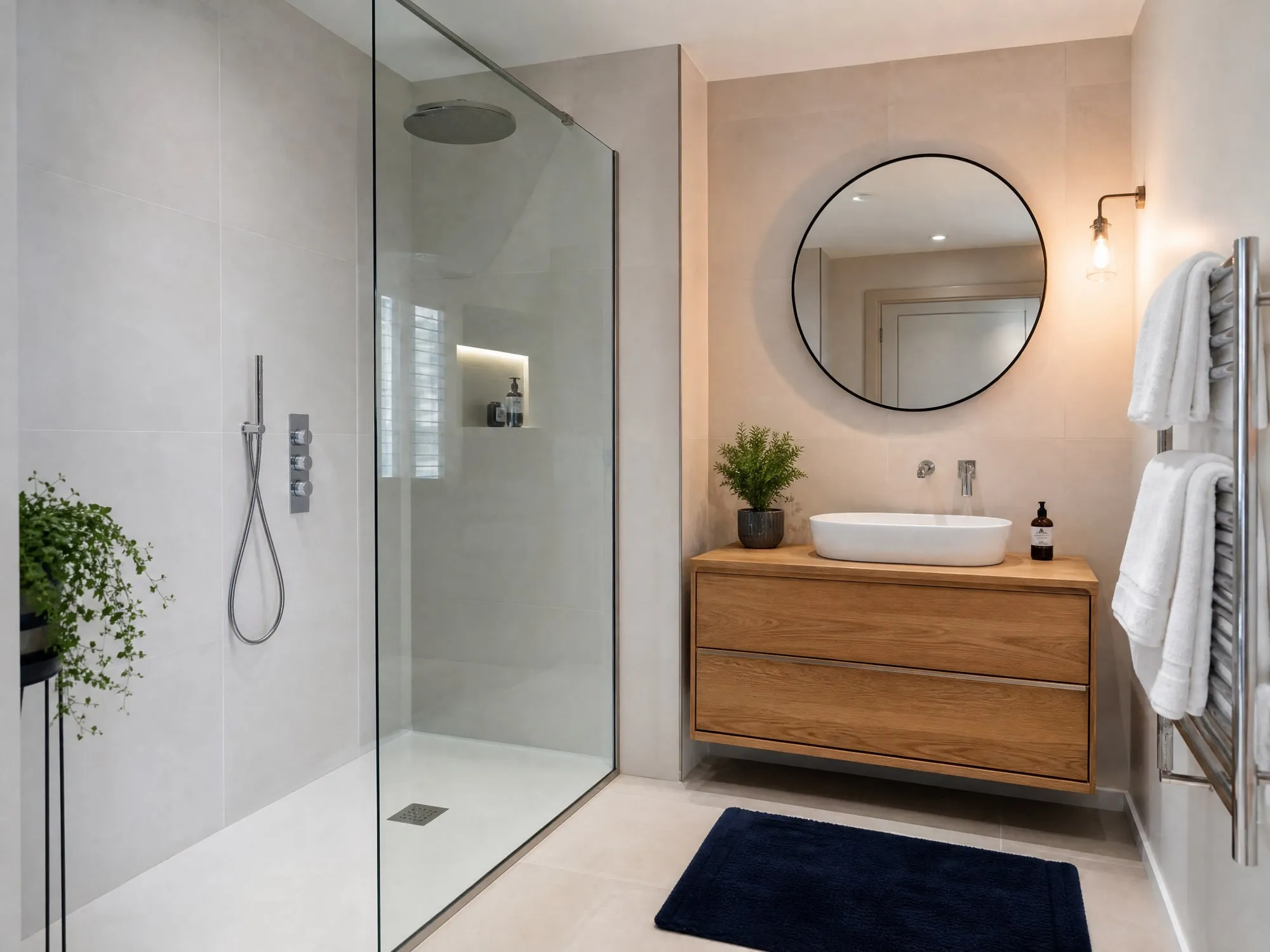 A bathroom with a walk-in shower, an oak vanity and white towels